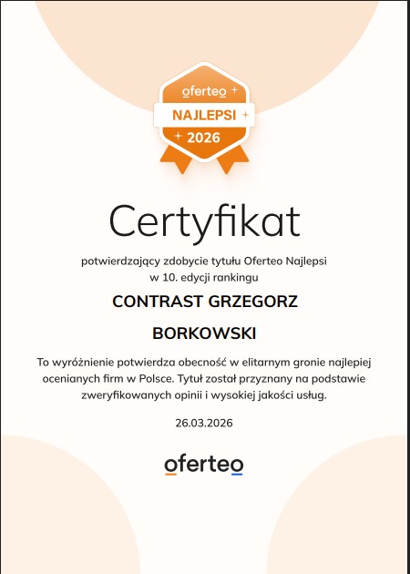 Certyfikat Oferteo Najlepsi + 2026 dla firmy CONTRAST GRZEGORZ BORKOWSKI, potwierdzający obecność w elitarnym gronie najlepiej ocenianych firm w Polsce.