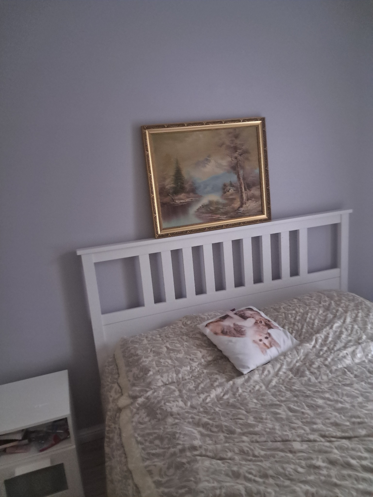 Białe łóżko z wzorzystą pościelą i poduszką z wizerunkiem psa, nad nim obraz w złotej ramie na tle szarej ściany. Ujęcie z dołu, widoczny fragment szafki nocnej.