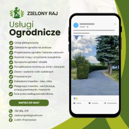 Profesjonalnie założony ogród z równo przyciętym żywopłotem i brukowaną ścieżką, prezentowany w mockupie smartfona. Zieleń i błękit nieba tworzą harmonijną całość.