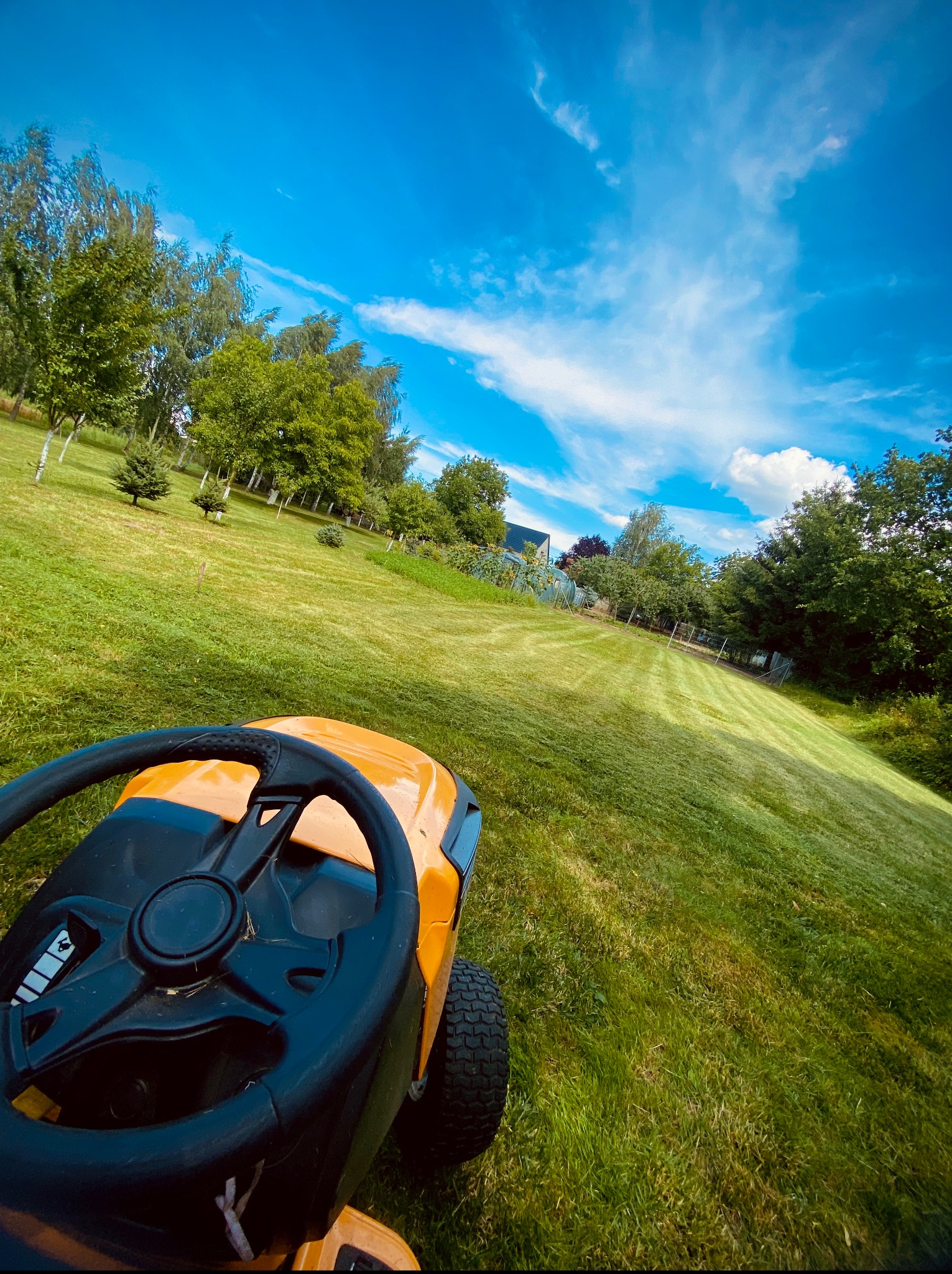 Żółta kosiarka traktorek na trawniku po koszeniu, widok z perspektywy operatora, niebo z chmurami w tle.
