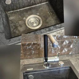 KRAKÓW TOP CLEAN IGOR GOGUNSKYI - Porównanie: zlew granitowy przed i po czyszczeniu. Górne ujęcie pokazuje zabrudzenia, dolne - idealną czystość. Bateria chromowana, dekoracyjne płytki w tle.