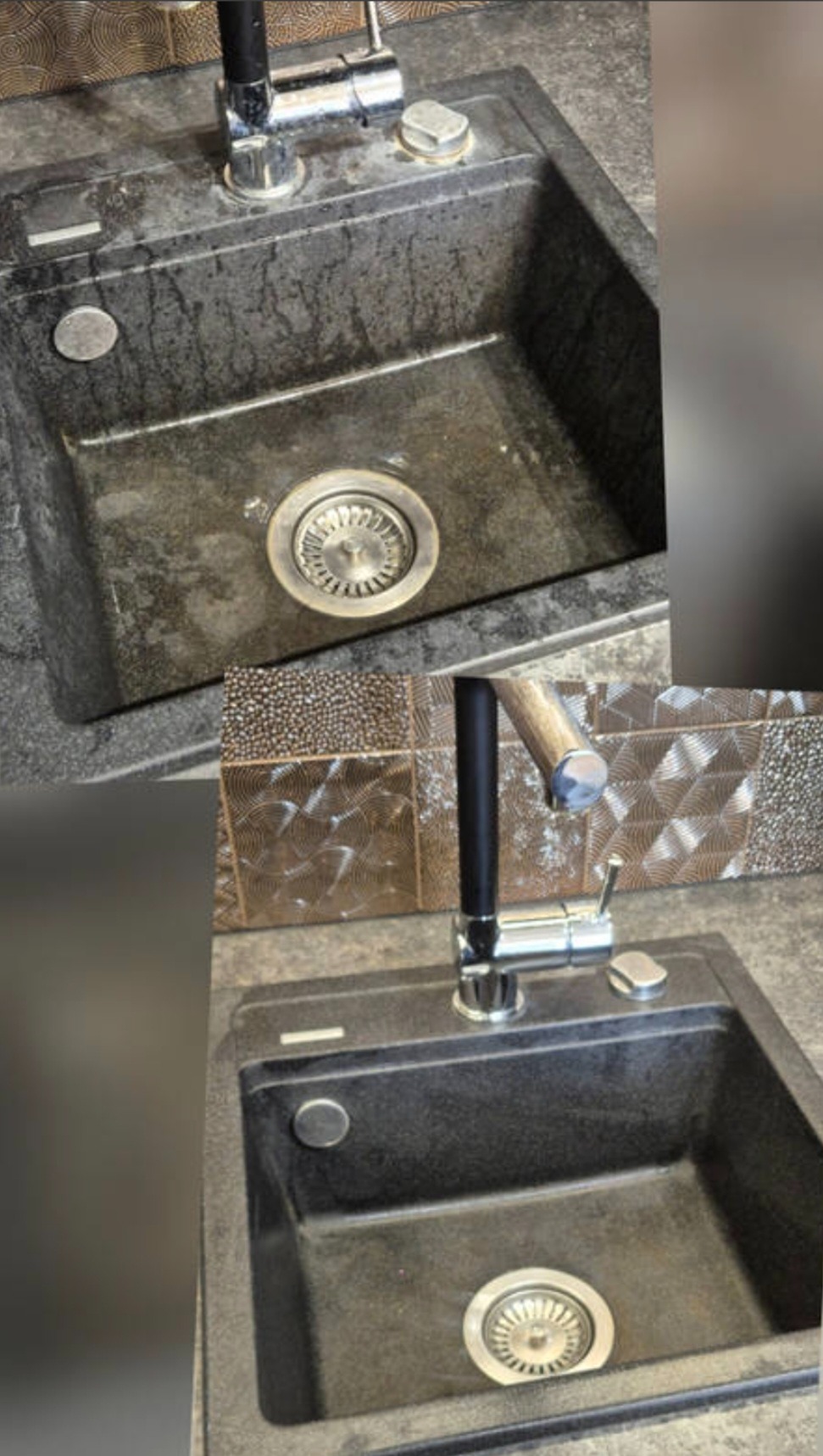 Porównanie: zlew granitowy przed i po czyszczeniu. Górne ujęcie pokazuje zabrudzenia, dolne - idealną czystość. Bateria chromowana, dekoracyjne płytki w tle.