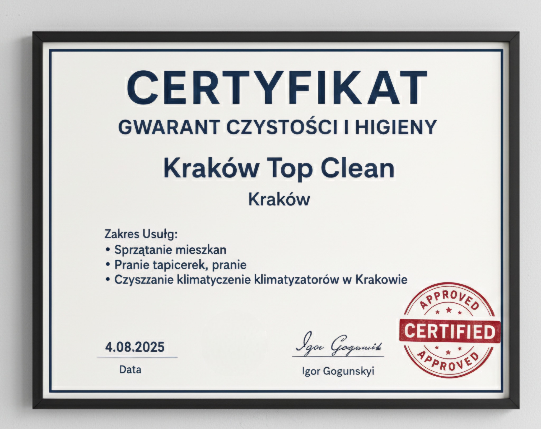 Certyfikat firmy Kraków Top Clean gwarantujący czystość i higienę, obejmujący sprzątanie mieszkań, pranie tapicerki oraz czyszczenie klimatyzacji w Krakowie.