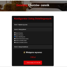 Alligatorbox - Konfigurator usług detailingowych z ceną 1100 zł. Interaktywny formularz wyboru usług: mycie detailingowe, polerowanie, ceramika. Kontakt telefoniczny widoczny na dole.