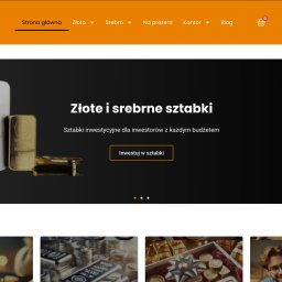 Alligatorbox - Projekt strony internetowej kantoru wymiany walut z motywem sztabek złota i srebra, z przyciskiem 'Inwestuj w sztabki' na ciemnym tle. Minimalistyczny design, nowoczesny wygląd.