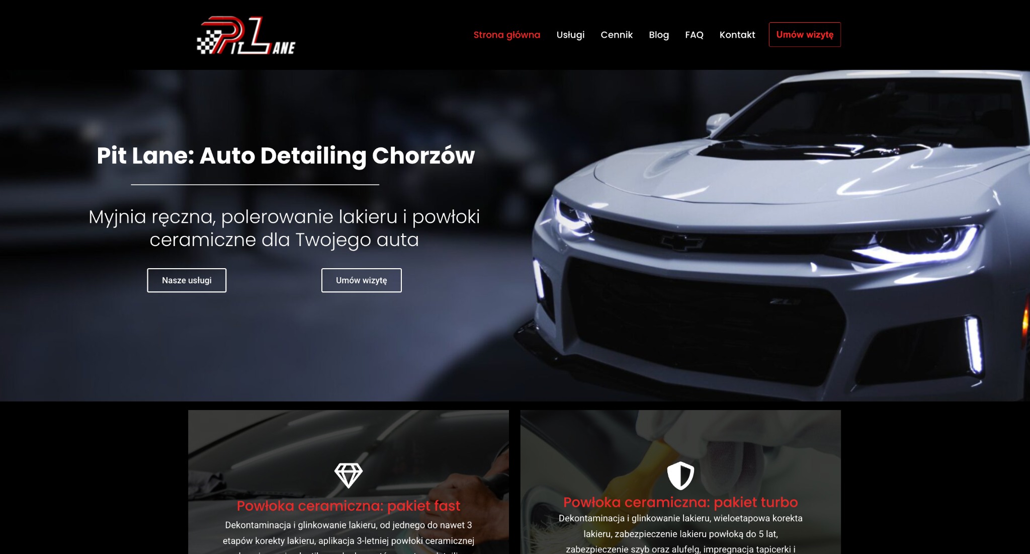 Strona internetowa firmy Pit Lane Auto Detailing Chorzów z ofertą myjni ręcznej, polerowania i powłok ceramicznych. Na pierwszym planie fragment białego samochodu.