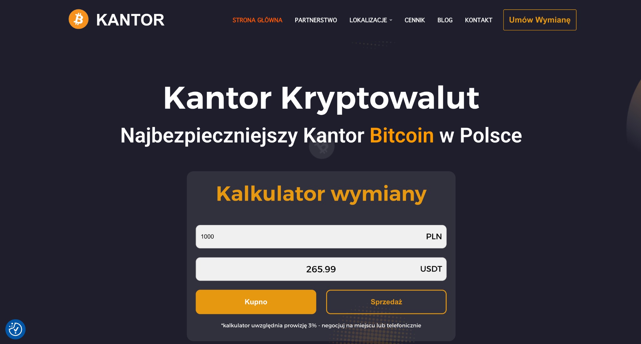 Strona internetowa kantoru kryptowalut z kalkulatorem wymiany PLN na USDT. Widoczne logo i hasło: Najbezpieczniejszy Kantor Bitcoin w Polsce.