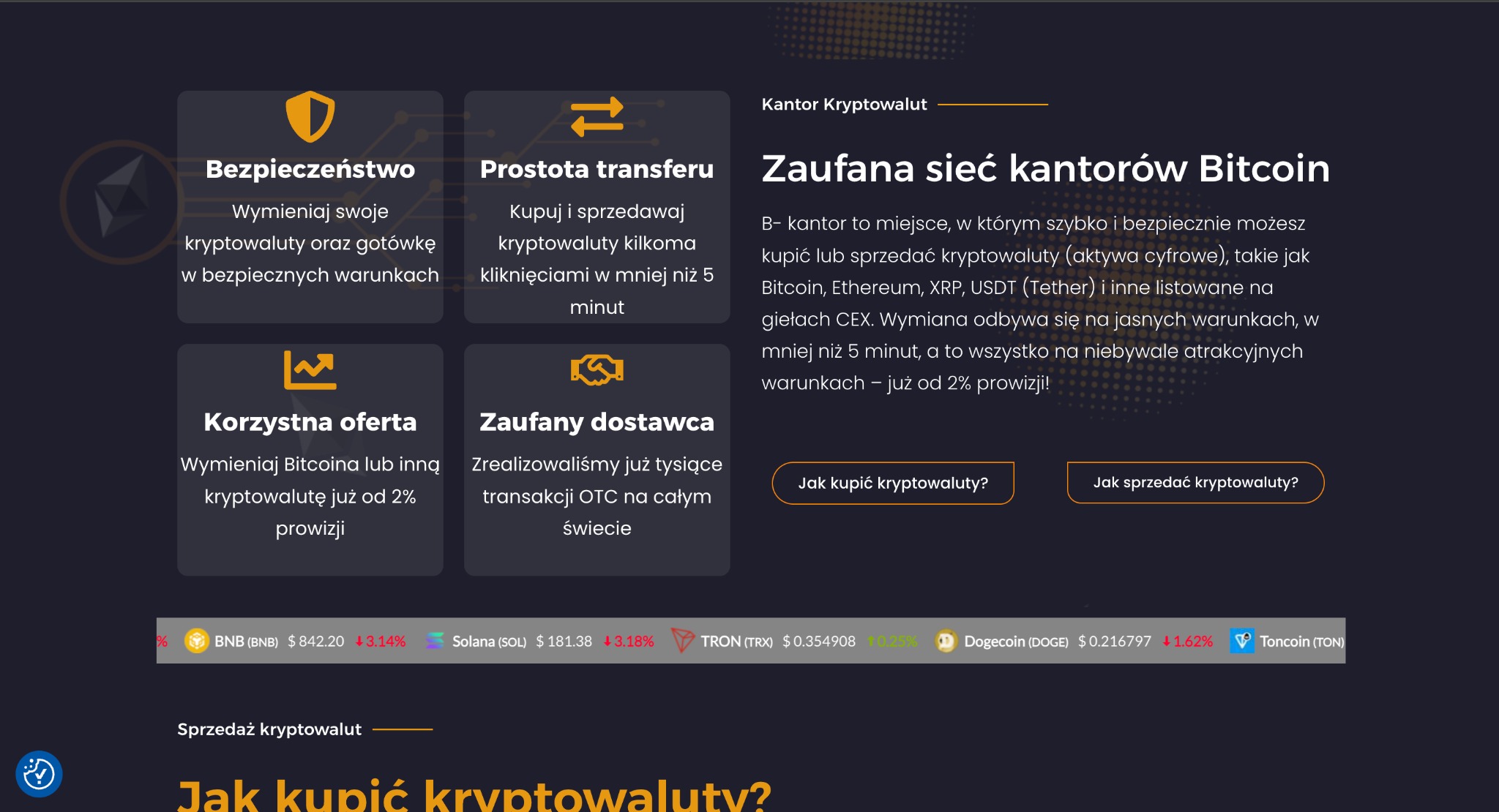 Grafika reklamowa kantoru kryptowalut: bezpieczeństwo, prostota transferu, korzystna oferta, zaufany dostawca, Bitcoin, Ethereum, XRP, USDT.