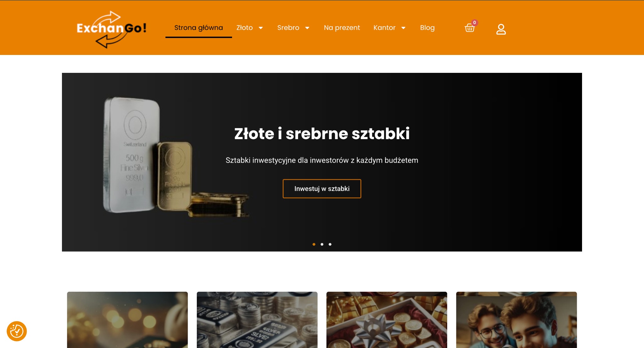 Projekt strony internetowej kantoru wymiany walut z motywem sztabek złota i srebra, z przyciskiem 'Inwestuj w sztabki' na ciemnym tle. Minimalistyczny design, nowoczesny wygląd.