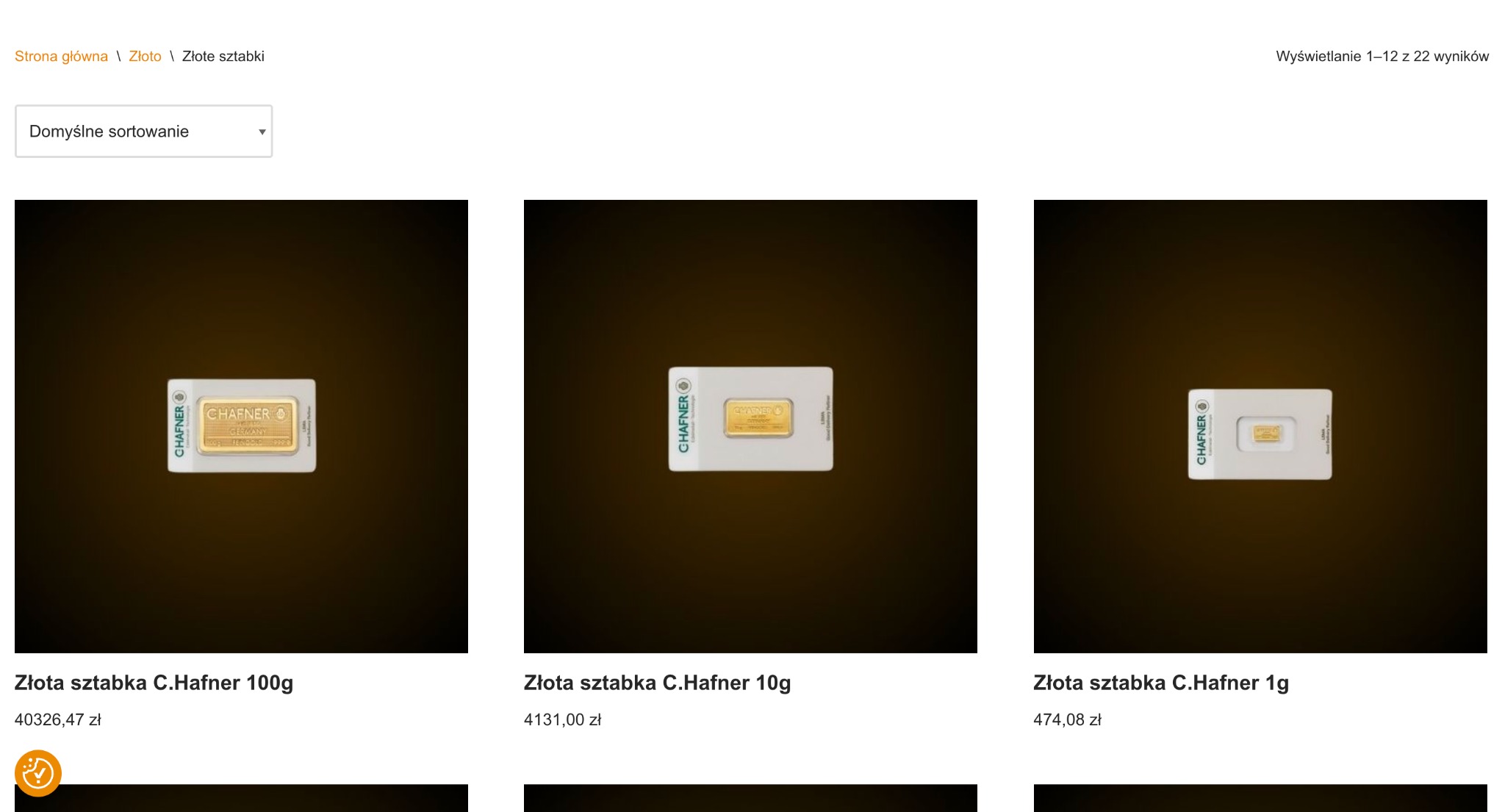 Złote sztabki C.Hafner o różnej gramaturze (100g, 10g, 1g) zaprezentowane na stronie internetowej z możliwością sortowania wyników.