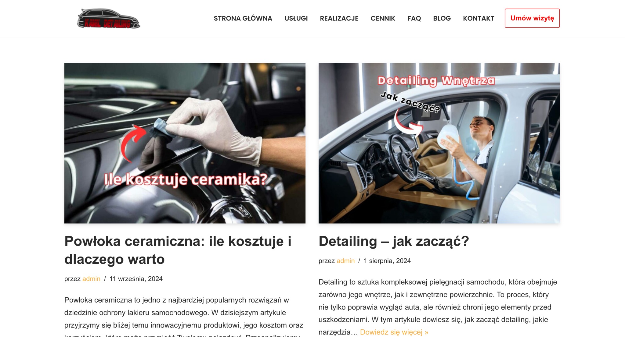 Dwa zdjęcia: na lewym powłoka ceramiczna na aucie, na prawym detailing wnętrza samochodu. Artykuły blogowe o pielęgnacji aut, z pytaniami o koszt i porady.