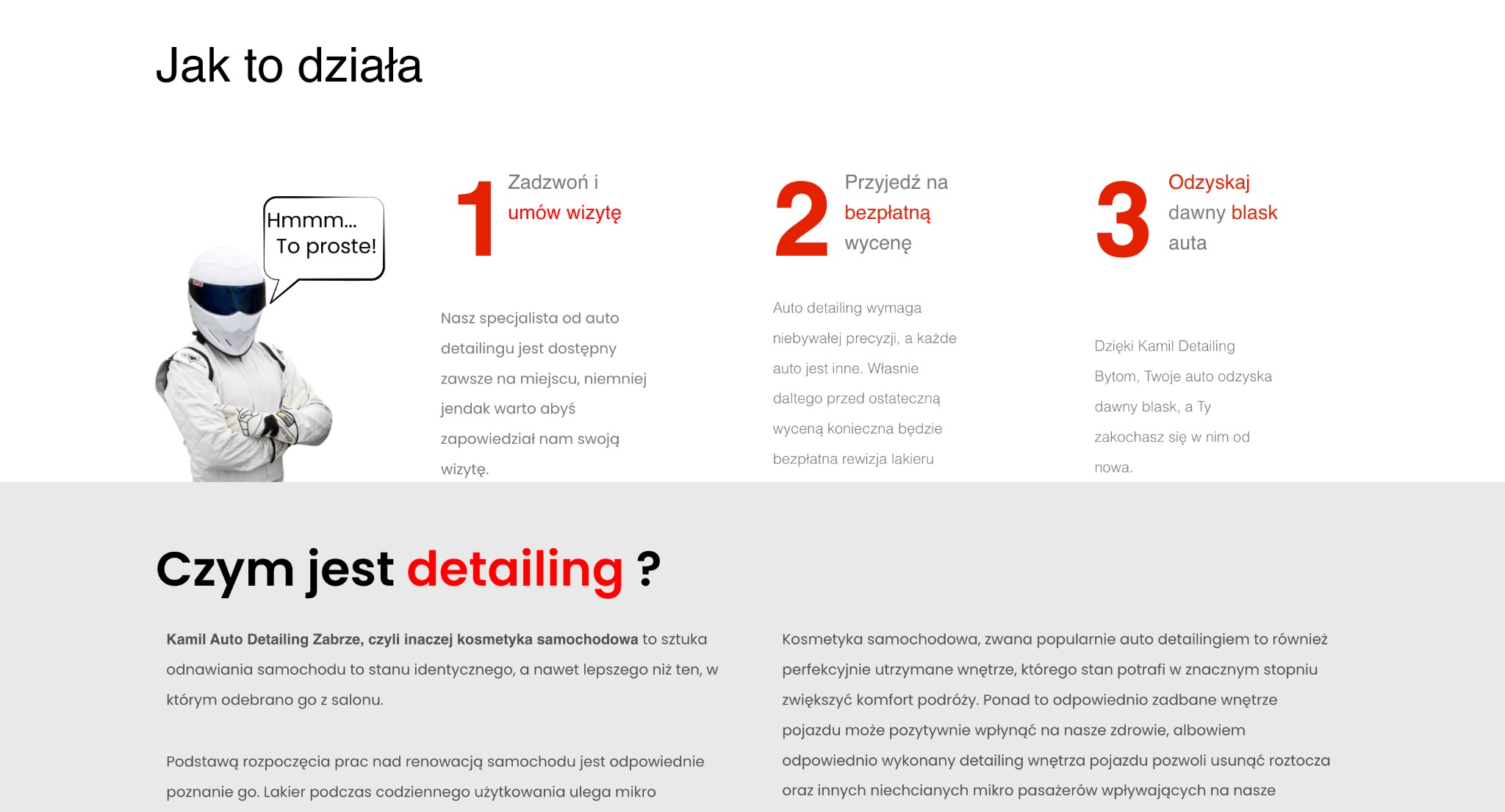 Infografika o auto detailingu: 1. Umów wizytę, 2. Bezpłatna wycena, 3. Odzyskaj blask auta. Obok ilustracja w kombinezonie rajdowym. Kamil Auto Detailing Zabrze.