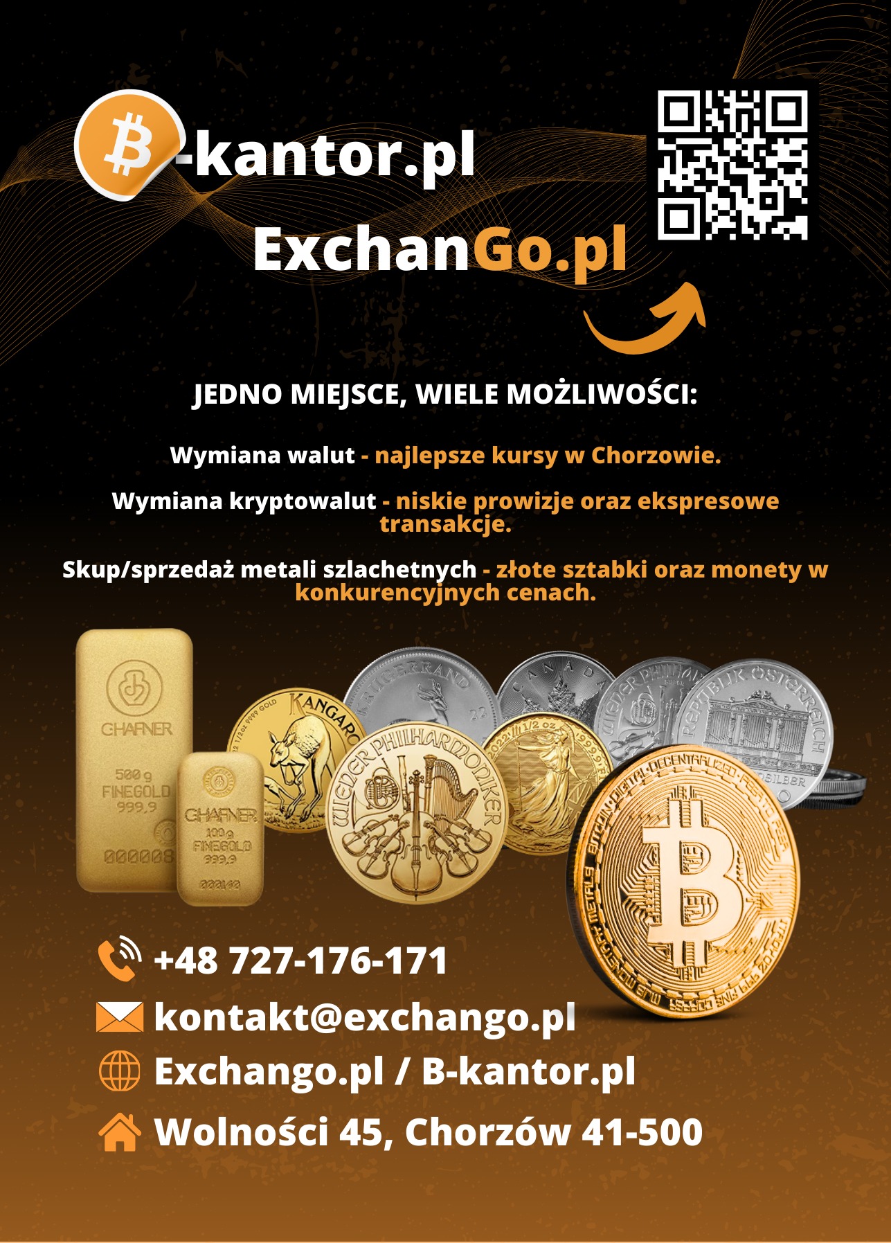 Reklama kantoru wymiany walut i kryptowalut ExchanGo.pl z Chorzowa. Oferta obejmuje wymianę walut, kryptowalut i skup/sprzedaż metali szlachetnych. Kontakt i adres w Chorzowie.