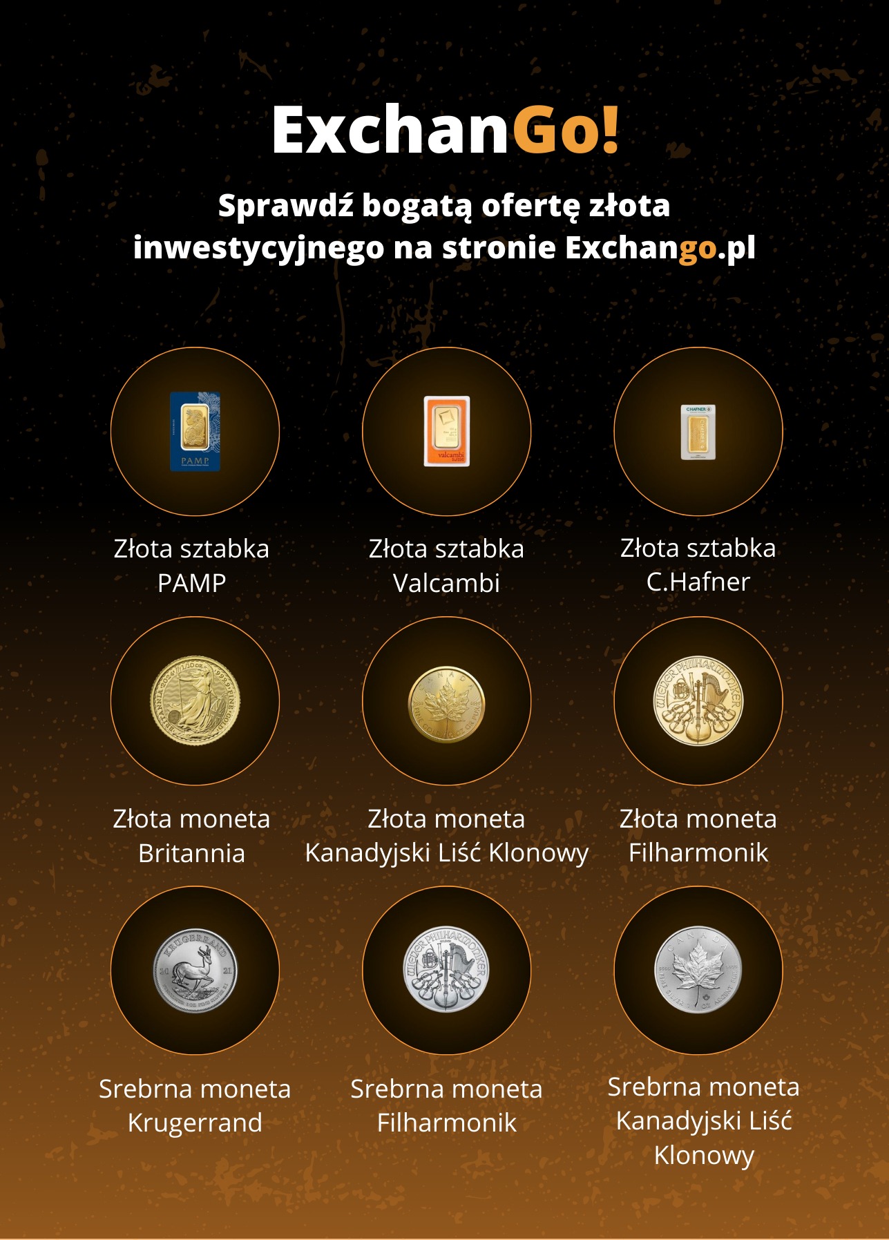 Grafika reklamowa ExchanGo prezentująca ofertę złota inwestycyjnego: sztabki PAMP, Valcambi, C.Hafner oraz monety Britannia, Kanadyjski Liść Klonowy i Filharmonik.