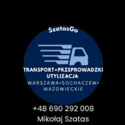 Logo firmy SzatasGo z grafiką transportu i hasłami: transport, przeprowadzki, utylizacja. Usługi w Warszawie, Sochaczewie i na Mazowszu. Kontakt telefoniczny i nazwa firmy.