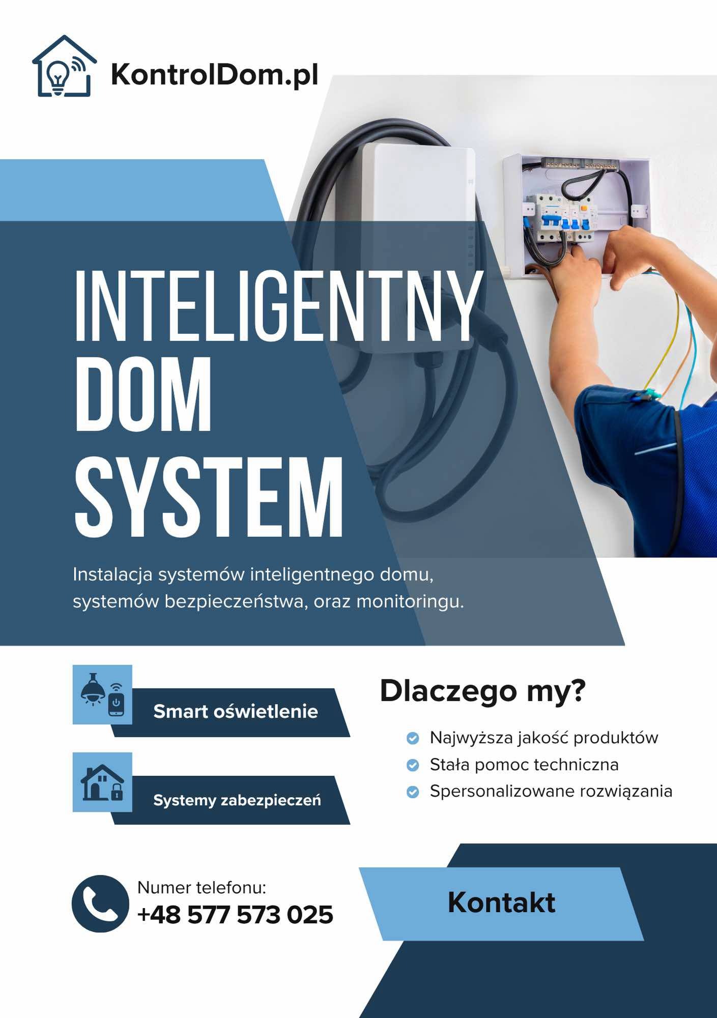 Instalacja elektryczna inteligentnego domu w trakcie montażu. Widoczna skrzynka z bezpiecznikami i ręce instalatora podłączającego przewody.