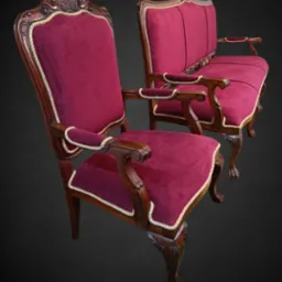 Komplet bordowych mebli tapicerowanych w stylu retro: fotel z rzeźbionymi nogami i kanapa, wykończone sznurem. Elegancki design na ciemnym tle.