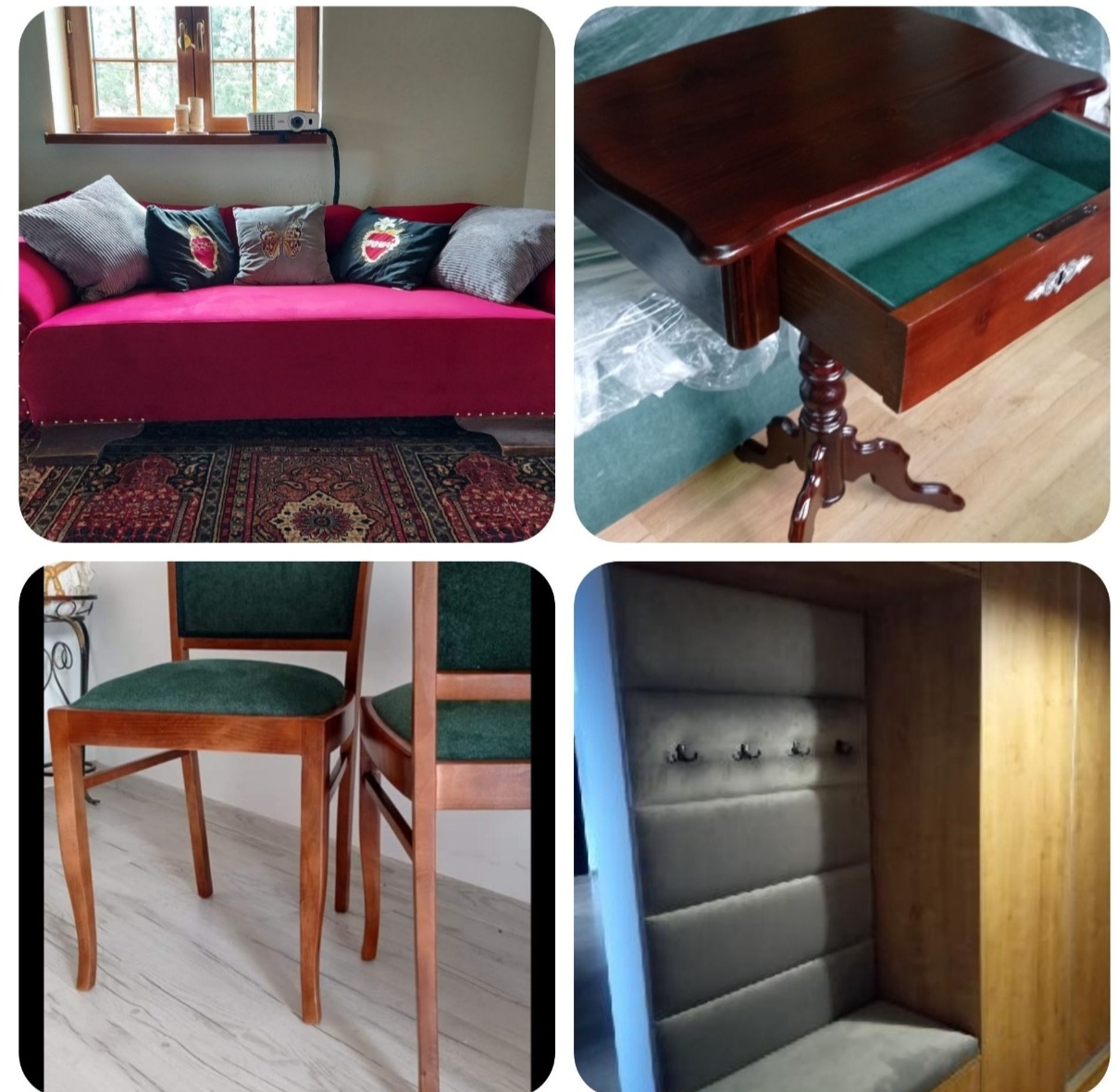 Kolaż: bordowa sofa z poduszkami, stolik z szufladą, krzesła z zieloną tapicerką, szafa z tapicerowanym siedziskiem i wieszakami. Różne style mebli.