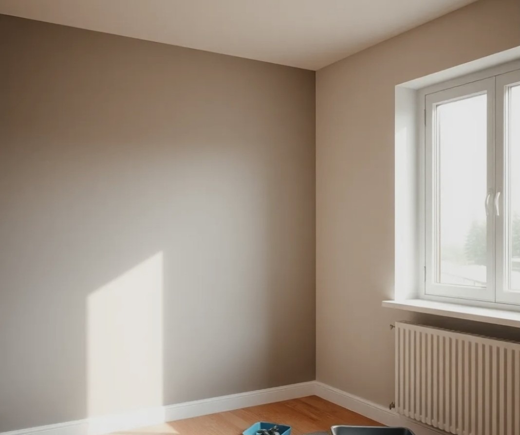 Świeżo pomalowane wnętrze pokoju w odcieniach beżu, z widocznym grzejnikiem pod oknem i akcesoriami malarskimi na podłodze. Ściana oświetlona naturalnym światłem.