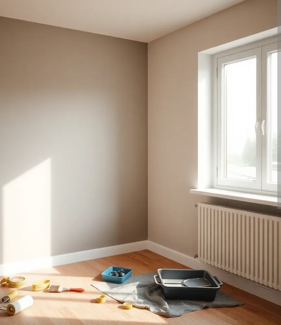 Ściana w odcieniach beżu po malowaniu, widoczne narzędzia malarskie na drewnianej podłodze, grzejnik pod oknem. Jasne wnętrze po renowacji.