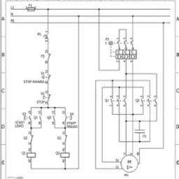 Schemat elektryczny z oznaczeniami elementów, symbolami i połączeniami, przedstawiający układ sterowania silnikiem jednofazowym z zabezpieczeniami i przyciskami start/stop.
