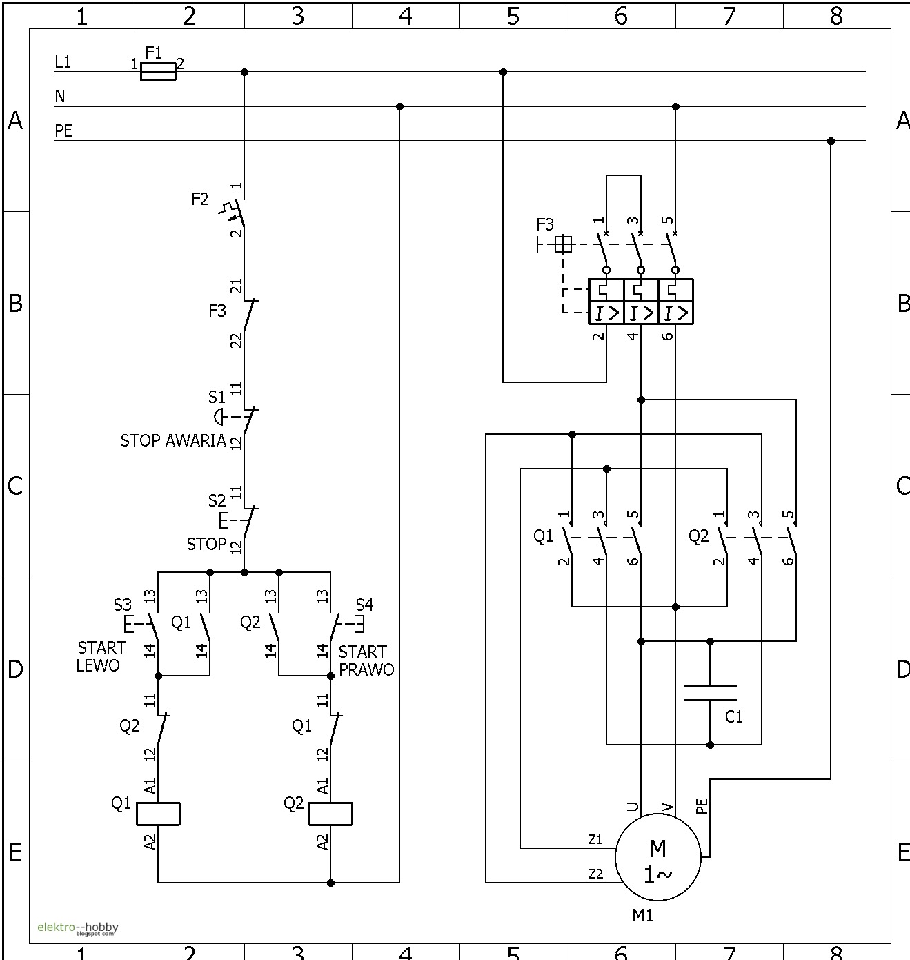 Schemat elektryczny z oznaczeniami elementów, symbolami i połączeniami, przedstawiający układ sterowania silnikiem jednofazowym z zabezpieczeniami i przyciskami start/stop.