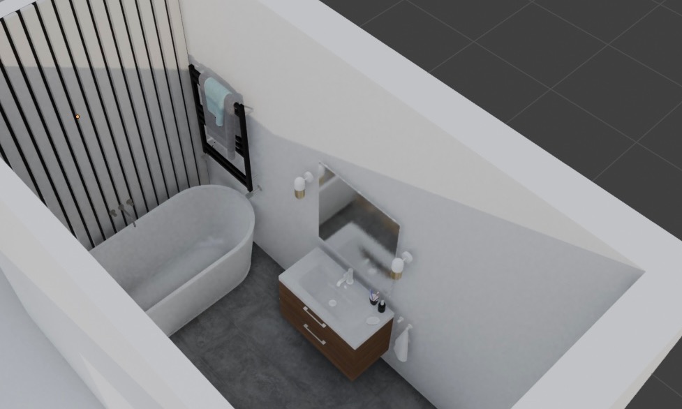 Wizualizacja 3D łazienki na poddaszu: biała wanna, umywalka z szafką w kolorze drewna, lustro, grzejnik drabinkowy z ręcznikiem. Minimalistyczny design, szare płytki podłogowe.