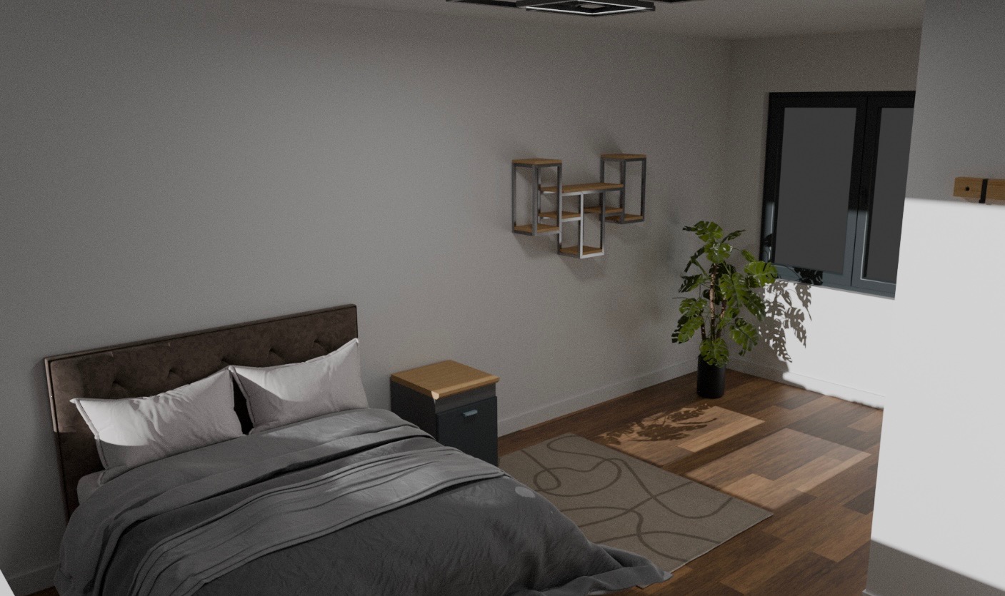 Nowoczesna sypialnia z szarą pościelą, drewnianą podłogą i geometrycznymi półkami. Roślina doniczkowa przy oknie dodaje naturalnego akcentu. Minimalistyczny design.