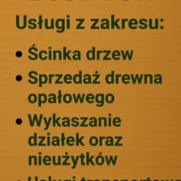 Ogłoszenie firmy EcoDrew oferującej ścinkę drzew, sprzedaż drewna opałowego, wykaszanie działek i usługi transportowe na teksturowanym, drewnopodobnym tle.