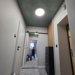 Aproxaa - Nowoczesny przedpokój po remoncie: białe ściany, szary gres, ciemnozielony sufit z okrągłym oświetleniem, przesuwne drzwi i drewniane lamele.
