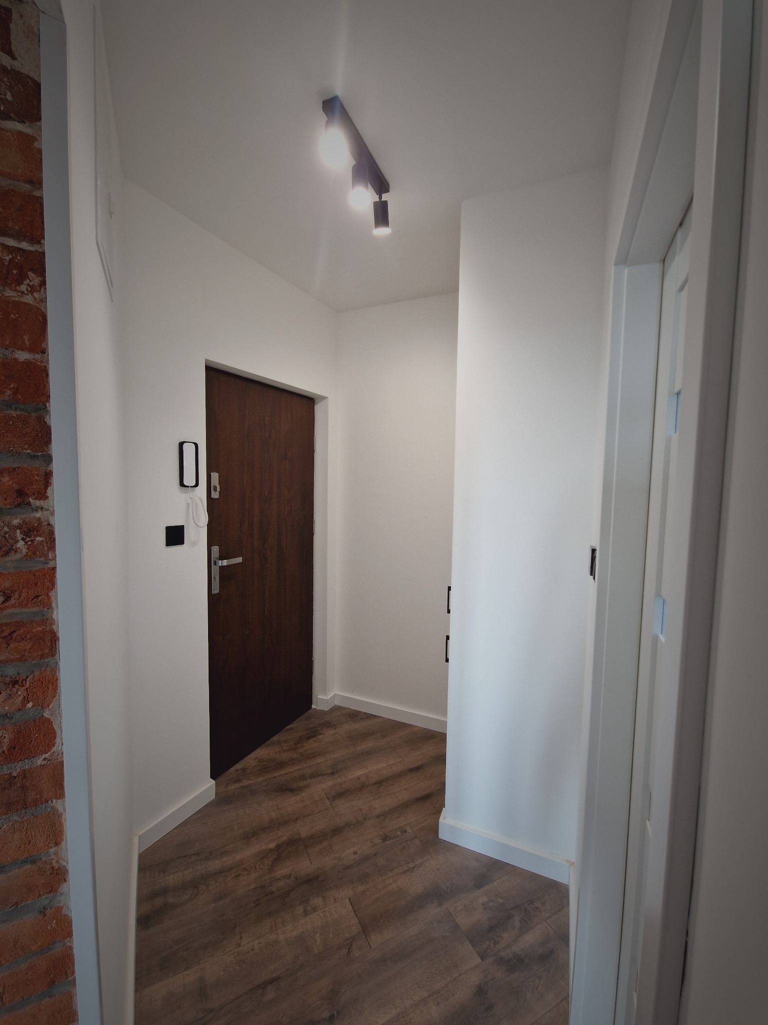 Wykończony korytarz: białe ściany, drewnopodobna podłoga, brązowe drzwi wejściowe. Fragment ściany z czerwoną cegłą. Nowoczesne oświetlenie sufitowe.