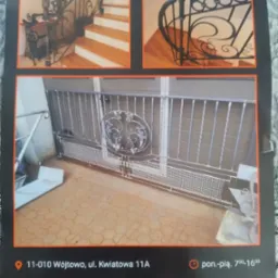 Karta firmowa prezentująca kute balustrady schodowe i ogrodzenie z ozdobnym motywem, ukazane w trzech kadrach. Widoczne dane kontaktowe firmy.