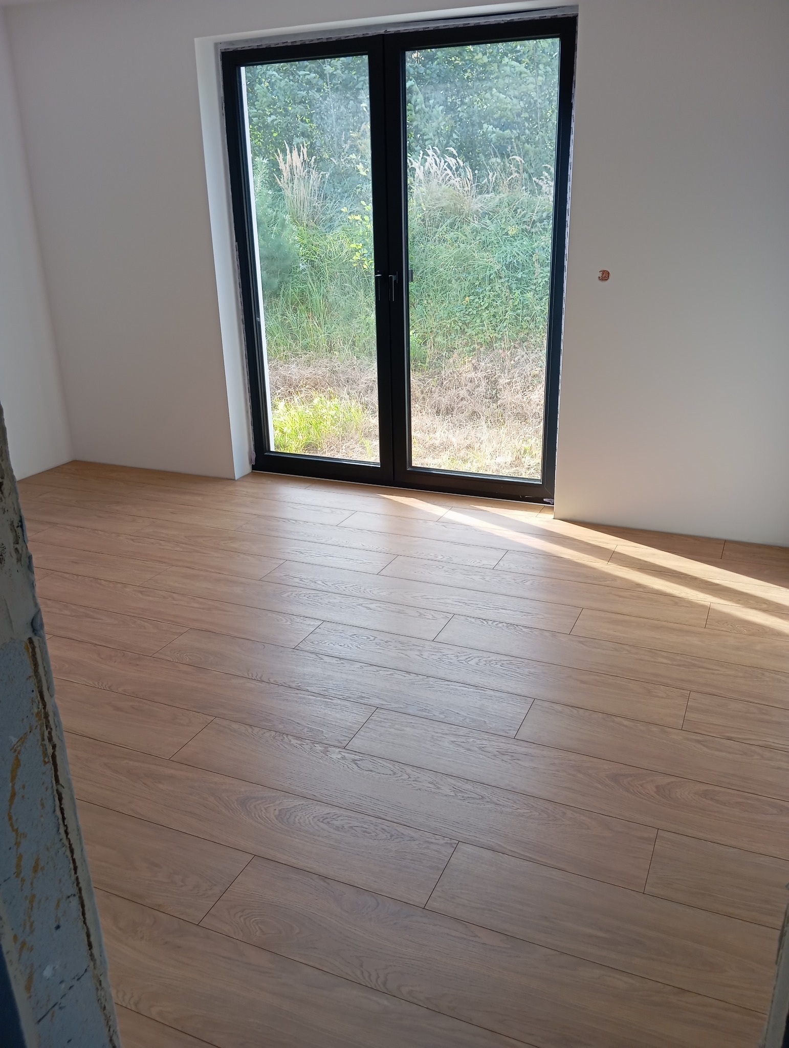Jasne panele podłogowe ułożone w nowym wnętrzu z widokiem na zieleń przez duże, czarne okno balkonowe. Świeżo pomalowane ściany i wpadające promienie słońca.