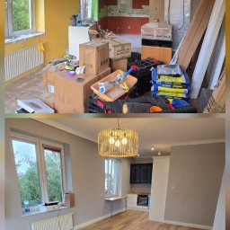 FINITO PAWEŁ GOWIN - Zdjęcie 'przed i po' remontu pokoju: od żółto-zielonych ścian i bałaganu po szare ściany i jasną podłogę z paneli. Nowoczesna lampa i okno z widokiem na zieleń.