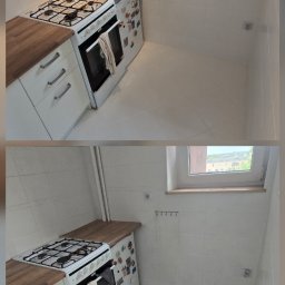 FINITO PAWEŁ GOWIN - Zdjęcie 'przed i po' prezentujące odnowioną kuchnię z białymi płytkami i drewnianym blatem. Widoczna czysta podłoga po remoncie, w kontraście do stanu pierwotnego.