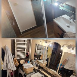 FINITO PAWEŁ GOWIN - Zdjęcie 'przed i po' remontu łazienki: od zagraconej przestrzeni z pralką po minimalistyczny prysznic i umywalkę z drewnianą szafką, ukazujące metamorfozę wnętrza.