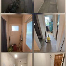 FINITO PAWEŁ GOWIN - Kolaż zdjęć korytarzy w trakcie i po remoncie: szpachlowanie ścian, układanie płytek, malowanie. Widoczne narzędzia i sprzęt budowlany.