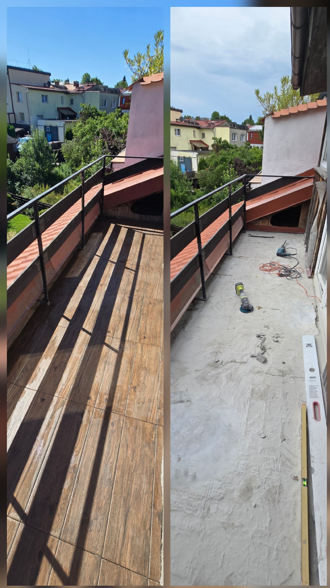 Remont balkonu: widok przed i po. Po lewej płytki imitujące drewno, po prawej surowy beton i narzędzia. Perspektywa z góry, słoneczny dzień.
