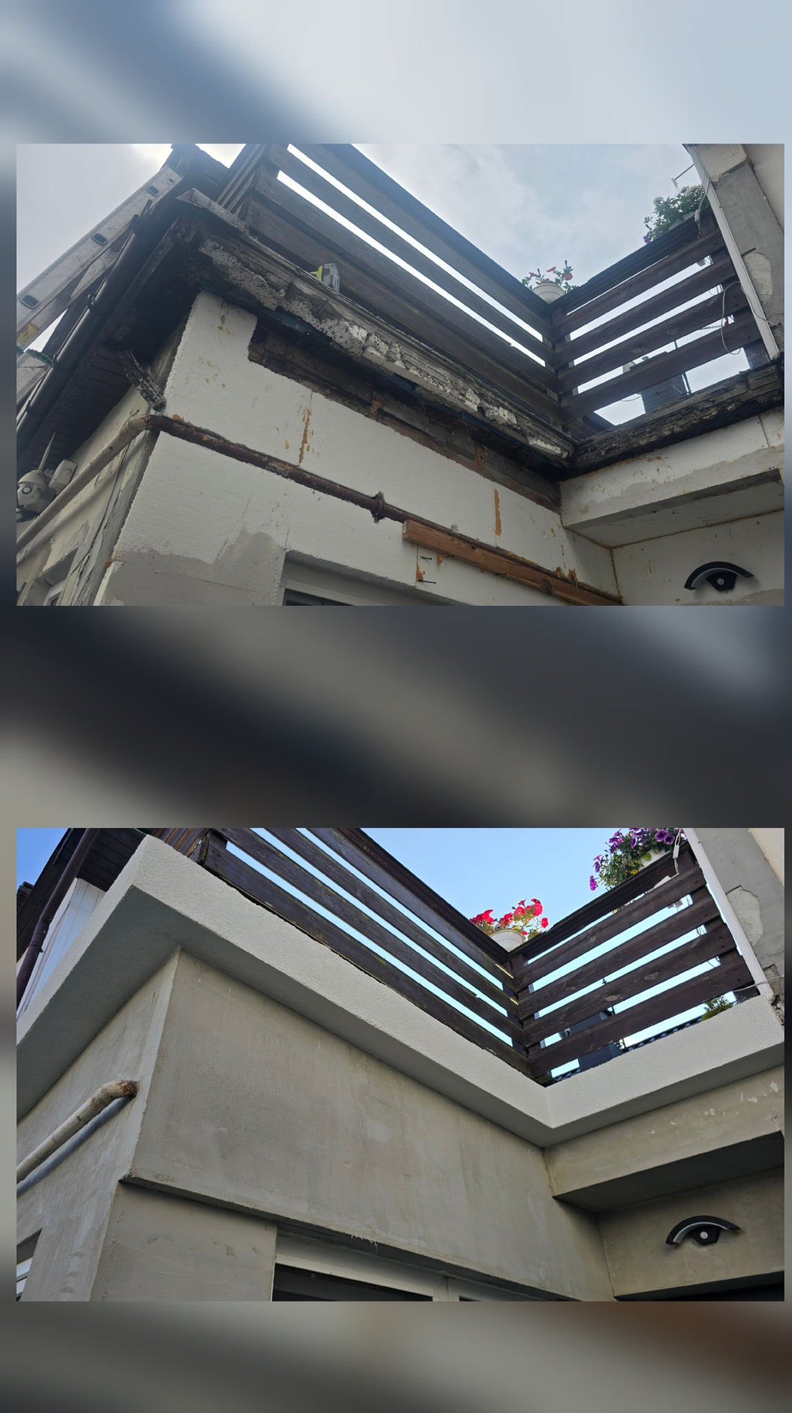 Remont balkonu w Gdańsku: Porównanie stanu przed i po odnowieniu. Widoczne odświeżone balustrady i elewacja. Detale wykończenia.