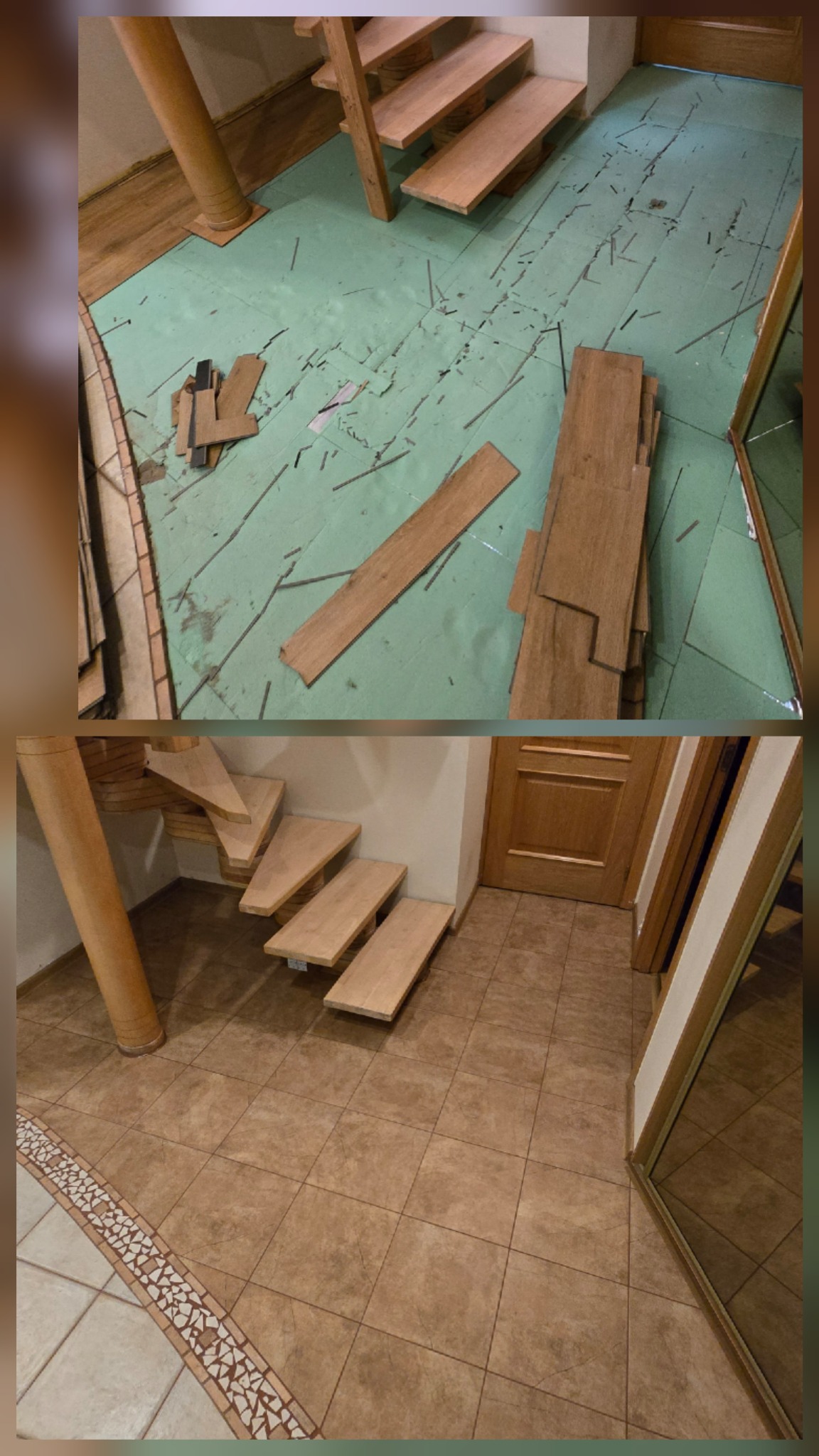 Ułożony parkiet na schodach i podłodze, widok przed i po. Na górze zielona mata, deski i ścinki, na dole gotowa podłoga z płytek i drewniane schody.
