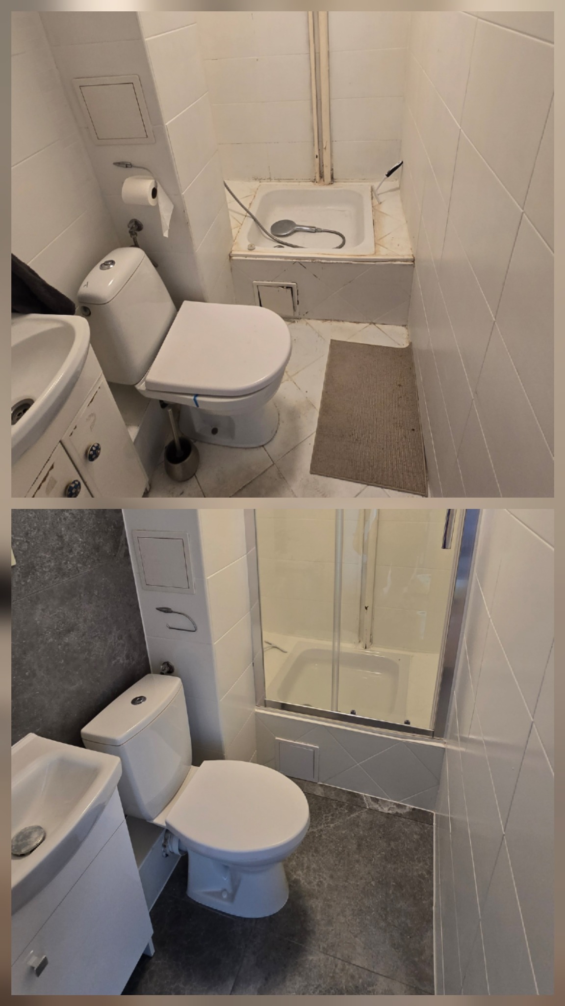 Porównanie łazienki przed i po remoncie: od starej armatury i płytek do nowoczesnej kabiny prysznicowej i szarych płytek podłogowych. Widok z góry.