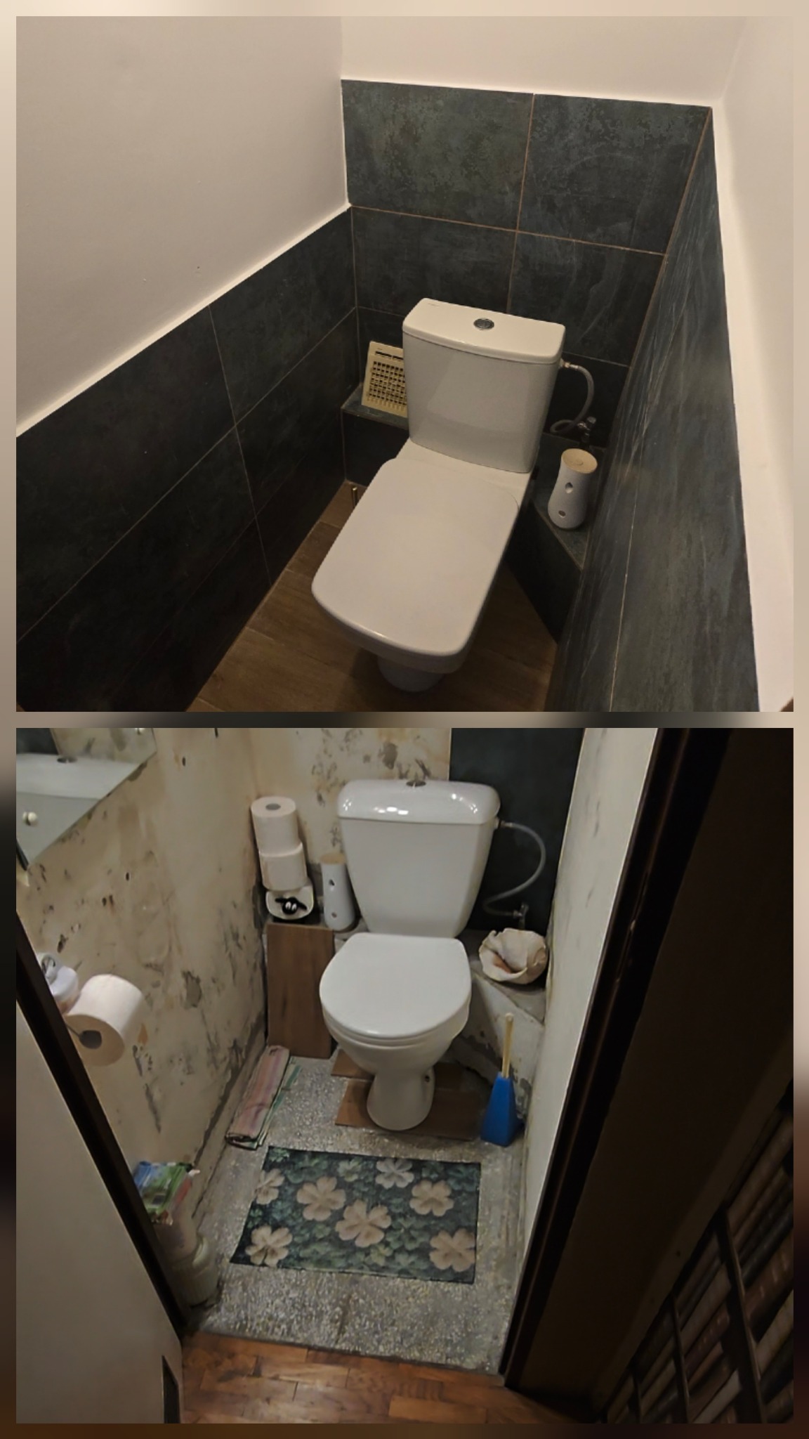Zdjęcie 'przed i po' prezentujące metamorfozę toalety: od stanu zaniedbanego z odpadającym tynkiem do odnowionego wnętrza z ciemnymi płytkami i drewnianą podłogą.
