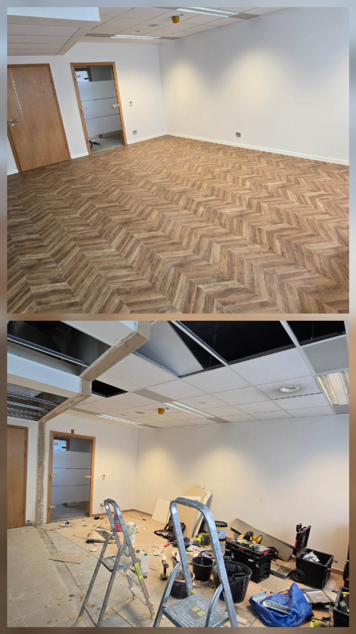 Zdjęcie 'przed i po' przedstawia biuro: na górze parkiet ułożony w jodełkę, na dole widok na sufit i rozłożone narzędzia, drabiny i materiały budowlane.