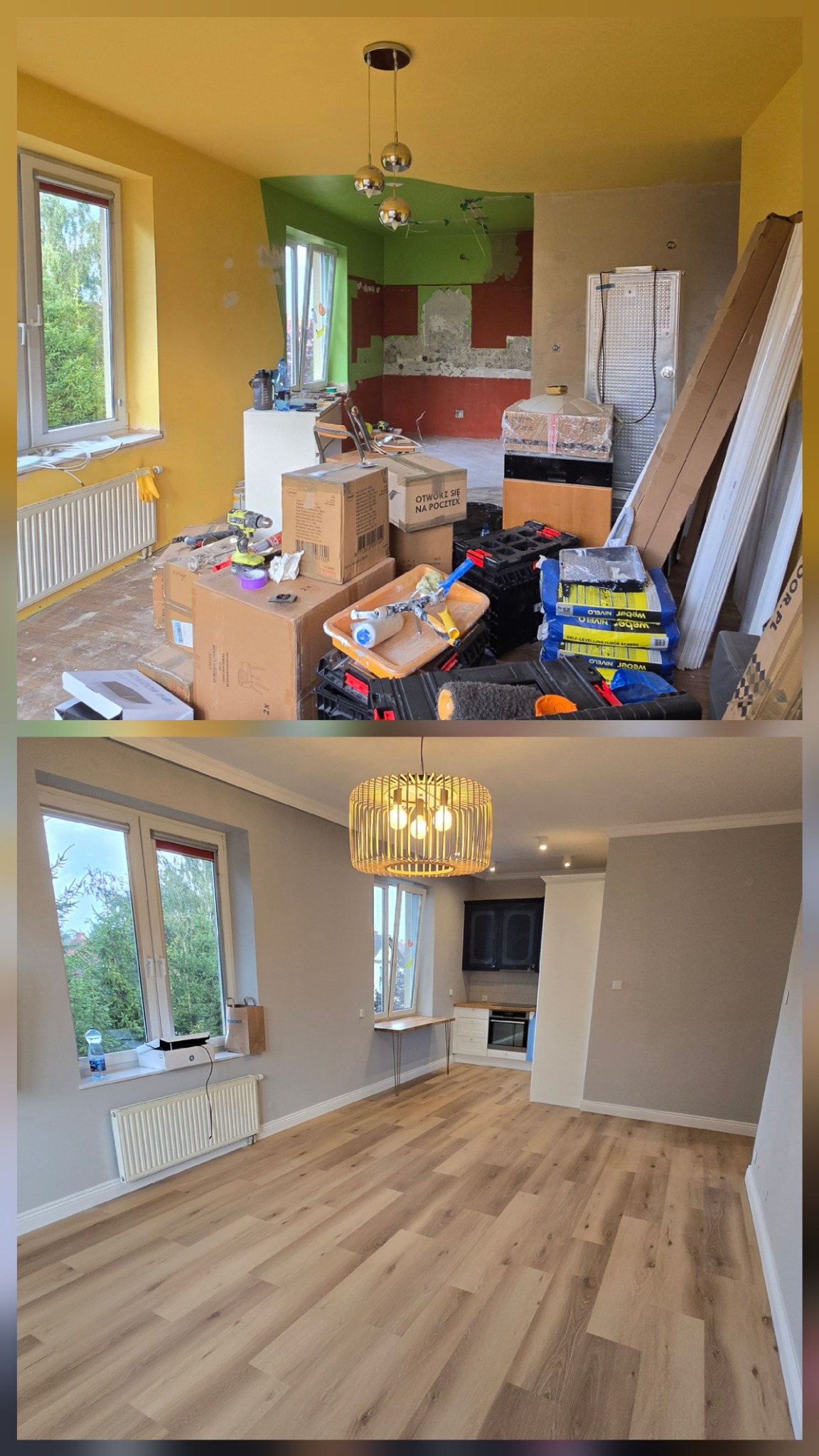 Zdjęcie 'przed i po' remontu pokoju: od żółto-zielonych ścian i bałaganu po szare ściany i jasną podłogę z paneli. Nowoczesna lampa i okno z widokiem na zieleń.