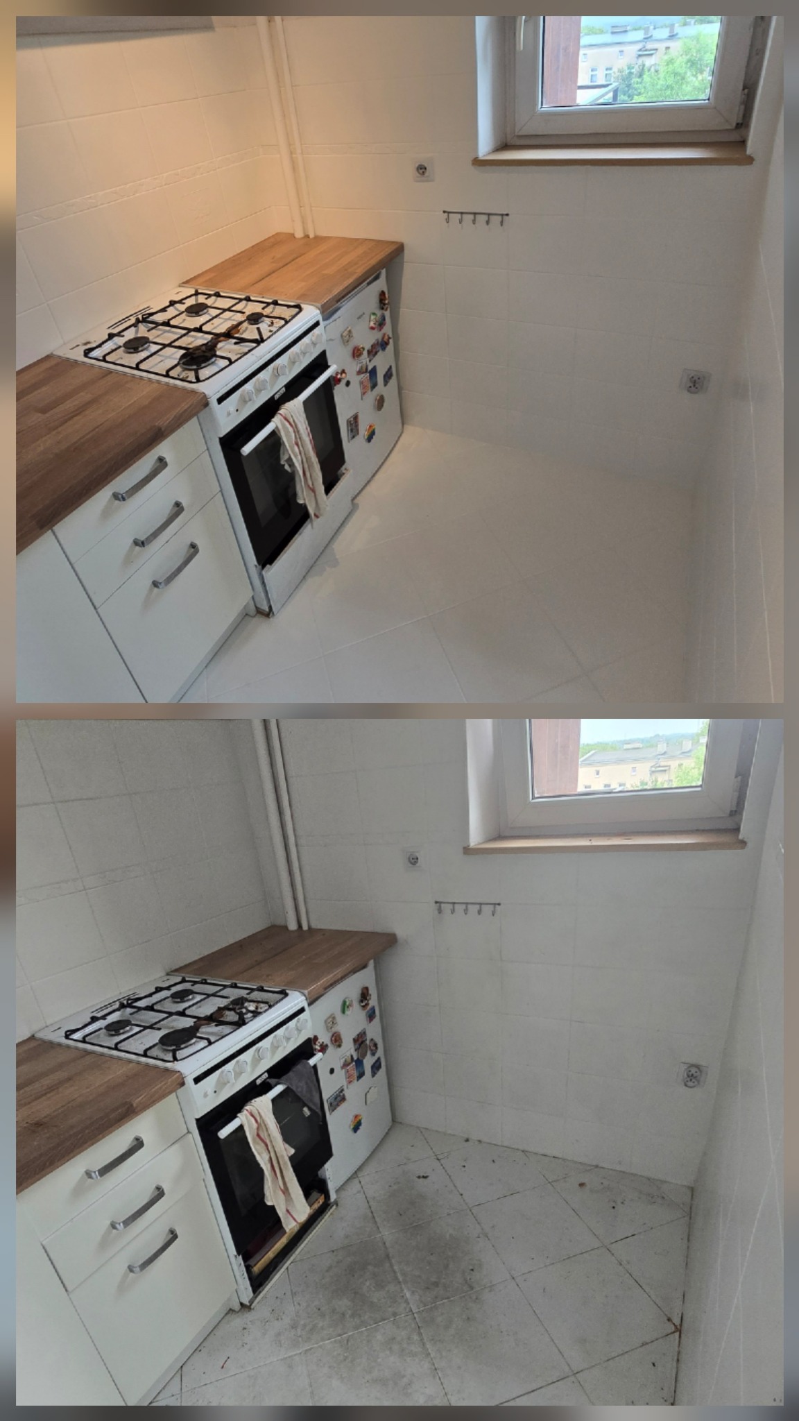 Zdjęcie 'przed i po' prezentujące odnowioną kuchnię z białymi płytkami i drewnianym blatem. Widoczna czysta podłoga po remoncie, w kontraście do stanu pierwotnego.