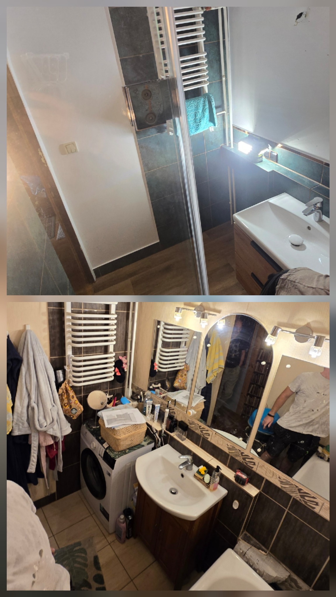 Zdjęcie 'przed i po' remontu łazienki: od zagraconej przestrzeni z pralką po minimalistyczny prysznic i umywalkę z drewnianą szafką, ukazujące metamorfozę wnętrza.