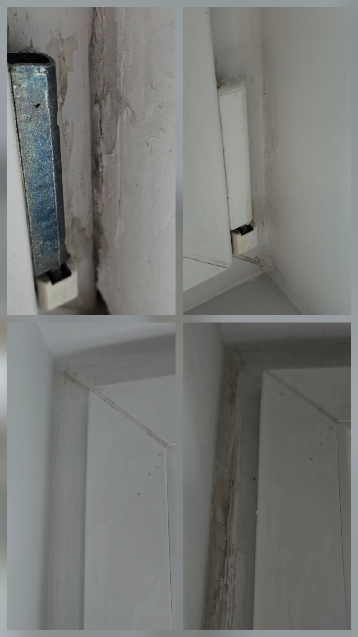 Zbliżenie na detale uszkodzonych, białych ram okiennych i ścian, ukazujące odpryski farby i zabrudzenia. Widoczne ślady wilgoci i brak estetyki.