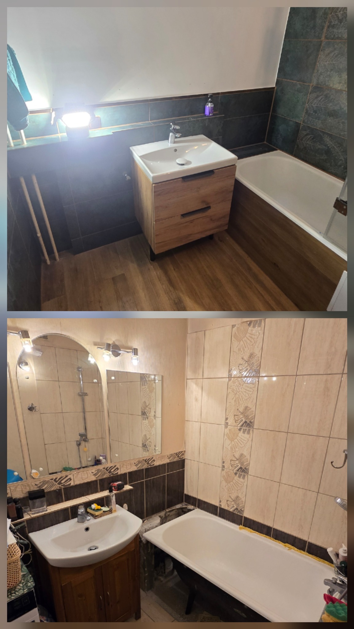 Zdjęcie 'przed i po' prezentujące metamorfozę łazienki: od starej z beżowymi płytkami do nowej z drewnianymi akcentami i ciemnymi płytkami. Widoczna umywalka i wanna.