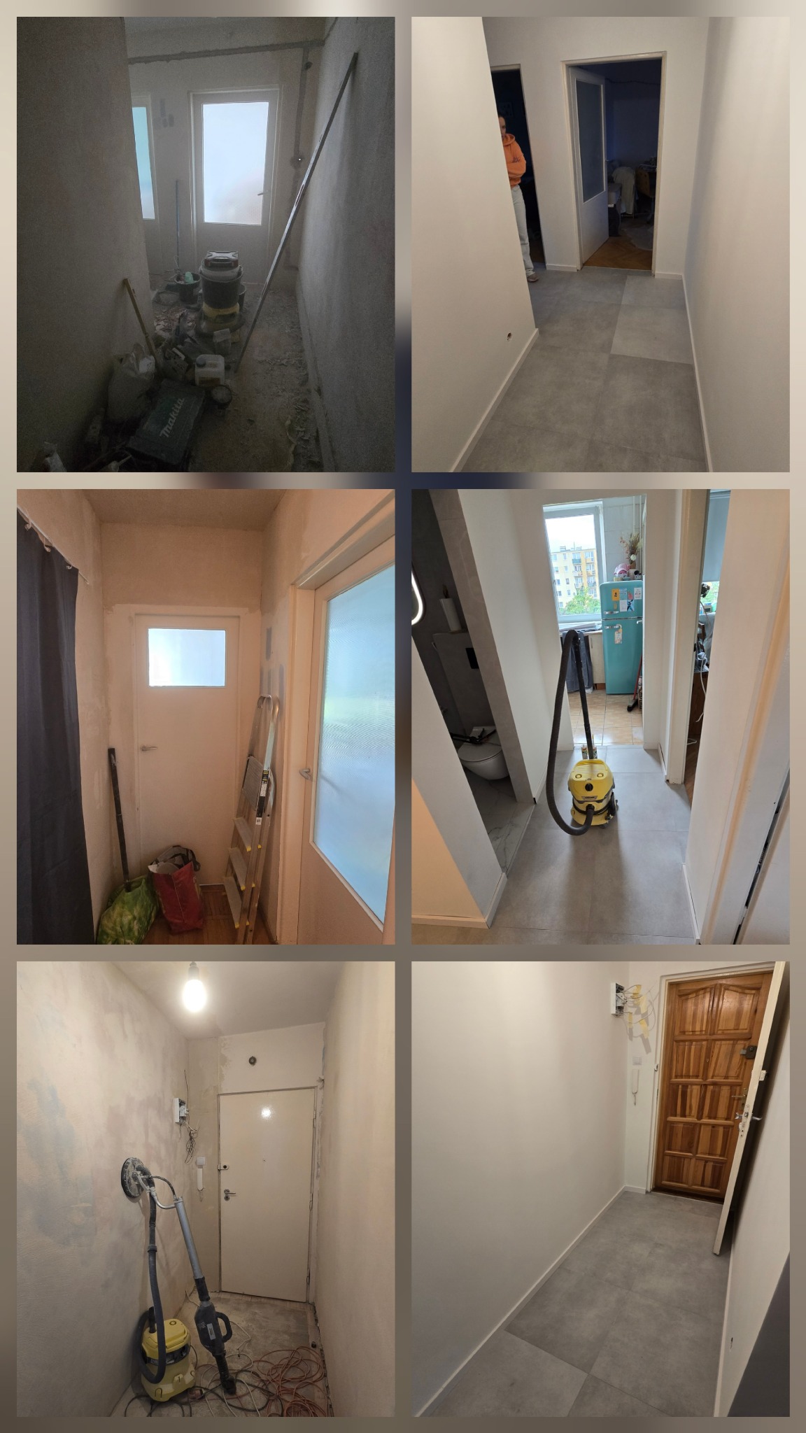 Kolaż zdjęć korytarzy w trakcie i po remoncie: szpachlowanie ścian, układanie płytek, malowanie. Widoczne narzędzia i sprzęt budowlany.