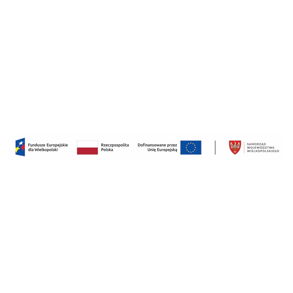 Logotypy Funduszy Europejskich, Rzeczypospolitej Polskiej, Unii Europejskiej i Samorządu Województwa Wielkopolskiego na białym tle. Informacja o dofinansowaniu.